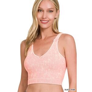 ROSLYN DUSTY PINK WASHED RIBBED CROPPED SEAMLESS BRA PADDED TANK TOP